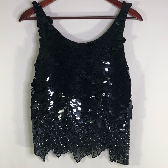 Nite Line Tops - Vintage Nite Line Circle Paillettes Beading Black Blouse Tank Top Gatsby Party